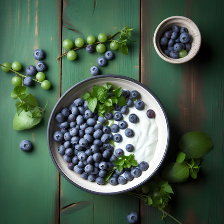 Yogurt with blueberries and mint in a bowl on a green wooden background. Top view.の素材