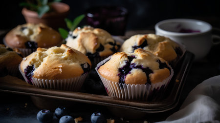 Blueberry muffins with fresh berries on rustic wooden background.の素材