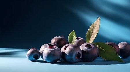 Blueberries with leaves on a blue background. Copy space for text.の素材