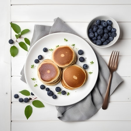 Pancakes with fresh blueberries and maple syrup on white wooden backgroundの素材