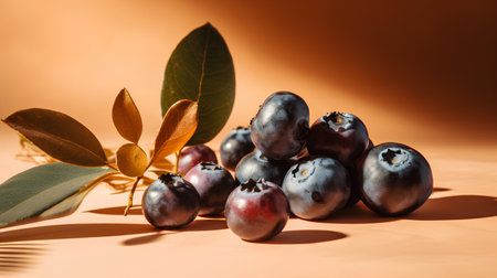 Blueberry fruits on orange background with leaves. Healthy food concept.の素材