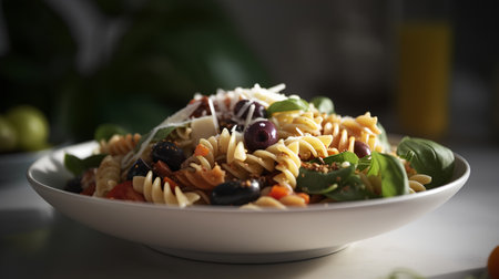 Pasta salad with olives, tomatoes and parmesan cheeseの素材