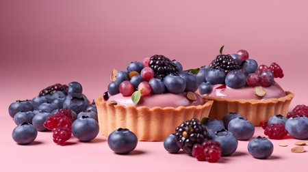 Tartlets with berries on pink background, close-up, verticalの素材