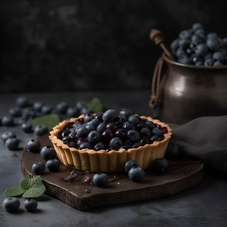 Blueberry tartlet with fresh berries on dark background, selective focusの素材