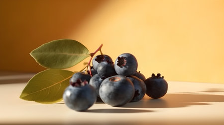 Blueberries with leaves on a yellow background. Shallow depth of field.の素材