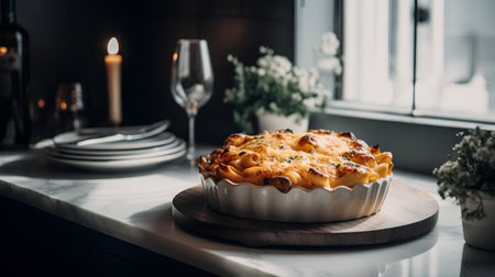 Baked macaroni and cheese in a baking dish on the tableの素材