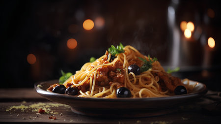 Spaghetti bolognese with black olives and parmesanの素材