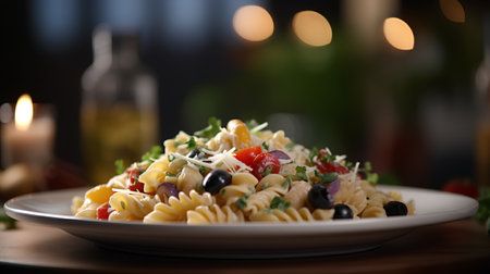 Pasta salad with tomato, black olives, cheese and herbsの素材