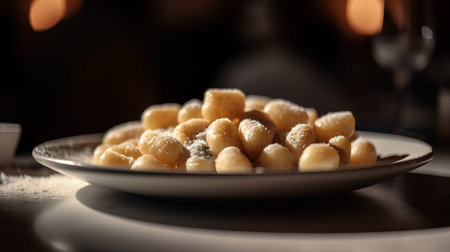Homemade gnocchi with powdered sugar on a dark background.の素材