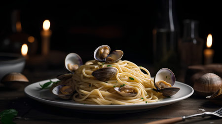 Spaghetti with clams and parmesan on a dark backgroundの素材