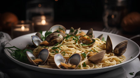 Spaghetti with clams and parsley on a dark background.の素材