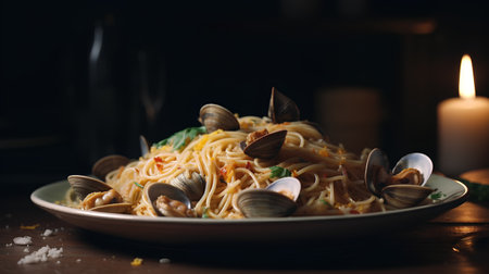 Spaghetti with clams and parsley in a plate on a dark backgroundの素材