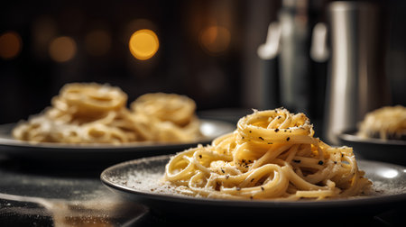 Spaghetti Carbonara with black sesame seeds on a dark backgroundの素材