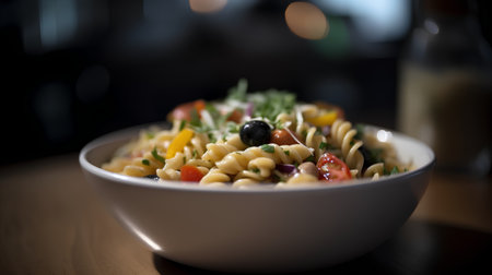 Pasta salad with tomato, olives and basil in a bowlの素材