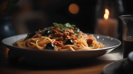 Spaghetti with black olives and tomato sauce on a wooden table.の素材