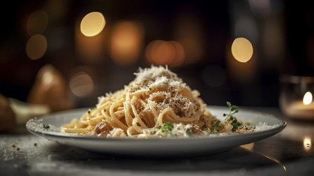 Spaghetti carbonara with parmesan cheese, selective focus.の素材