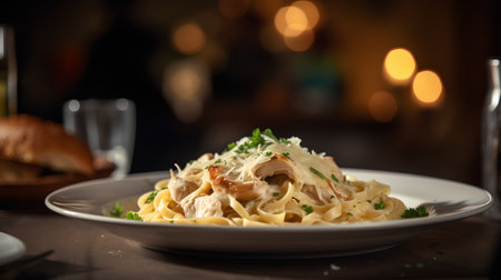 Fettuccine pasta with chicken fillet and parmesan cheeseの素材