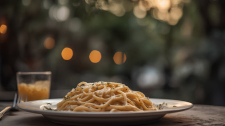Spaghetti with pesto sauce and parmesan cheese on wooden tableの素材