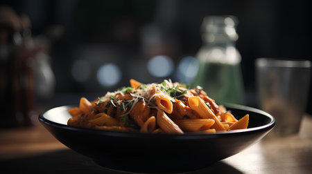 Penne pasta with tomato sauce, parmesan cheese and herbsの素材