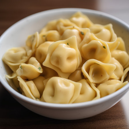 Tortellini pasta in a white bowl on a wooden tableの素材