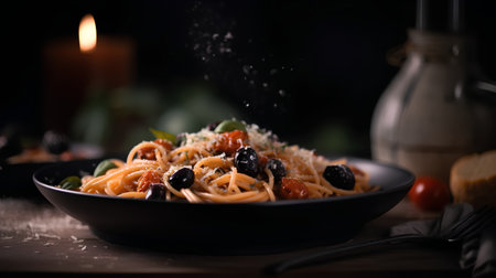 Spaghetti pasta with black olives and parmesan cheese on dark backgroundの素材