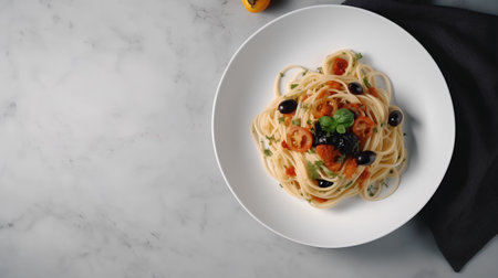 Spaghetti with shrimp, olives and basil on a white plateの素材