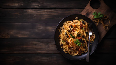 Spaghetti with dried tomatoes, olives and basil on wooden backgroundの素材