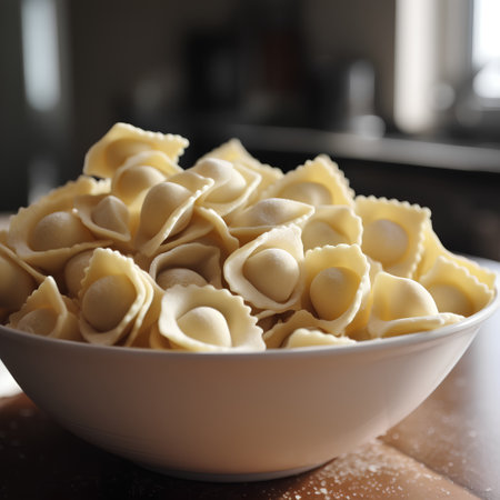Tortellini pasta in a white bowl on a wooden tableの素材