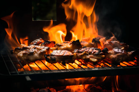 Grilled meat on the grill with flames on a black background.の素材