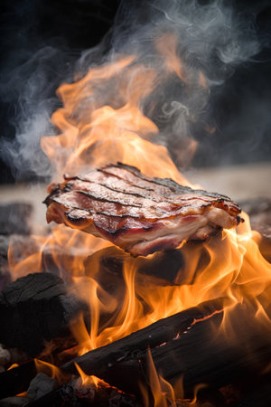 Barbecue Rib Eye Steak on Fire with Flames. Barbecue Grill.の素材