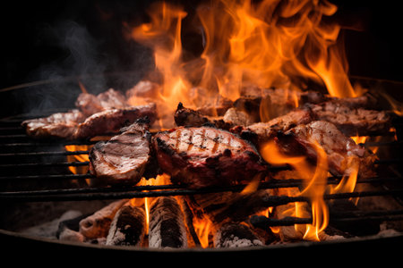 Grilled meat on a barbecue grill with flames. Toned.の素材