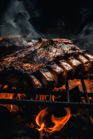 Grilled pork ribs on the grill with flames and smoke on black backgroundの素材