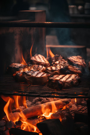 Grilled beef steaks on a barbecue grill with fire in the backgroundの素材