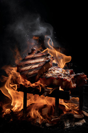 Grilled pork ribs on a barbecue grill with flames on a black backgroundの素材