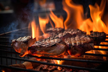 Steak on the grill with flames in the background. Toned.の素材