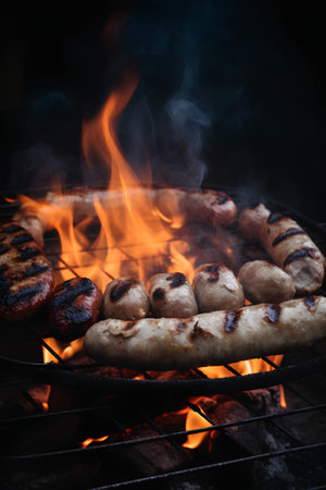 Grilled sausages on a barbecue grill with flames on the backgroundの素材
