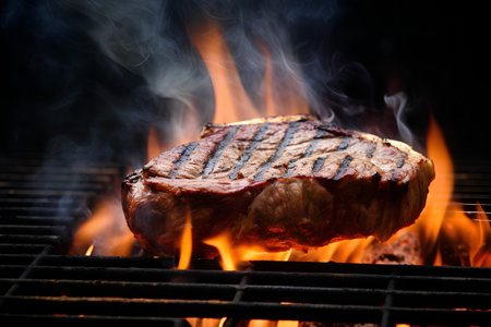 Grilled beef steak on the grill with flames on a black backgroundの素材