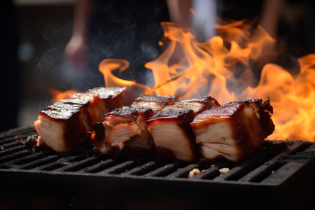Grilled pork belly on a barbecue grill with flames in the backgroundの素材