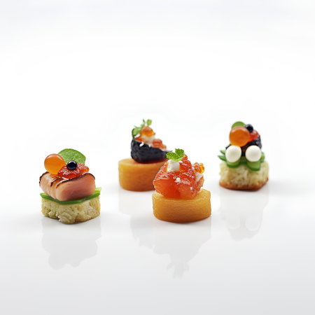 Set of canapes on a white background. Canapes with caviar, salmon, caviarの素材