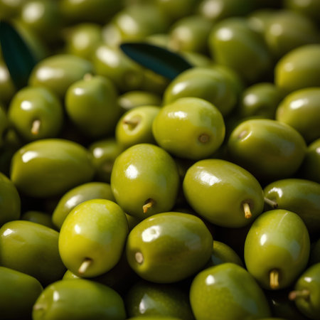 Green olives background. Selective focus. Shallow depth of field.の素材