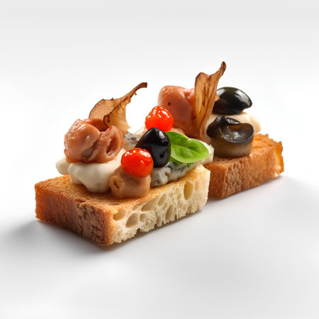 Bruschetta with ham, cheese and olives on white backgroundの素材