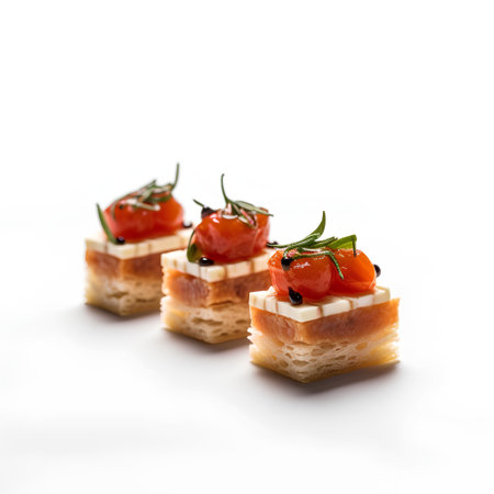 Canape with tomato and mozzarella cheese on a white backgroundの素材