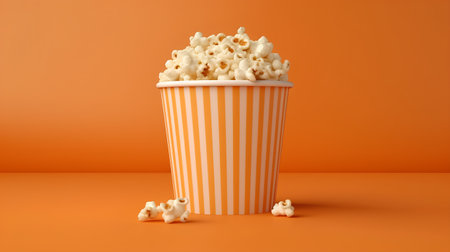 Popcorn in striped bucket on orange background. 3d illustration.の素材