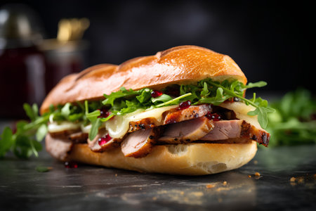 Sandwich with roast beef, arugula and cheese on black backgroundの素材
