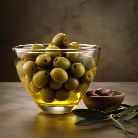 Green olives and olive oil in a glass bowl on wooden tableの素材