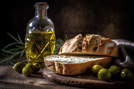 Bread with olives and olive oil on a wooden table.の素材