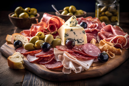 Antipasto platter with ham, salami, cheese and olivesの素材