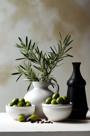 Olive oil and green olives in ceramic vase on tableの素材