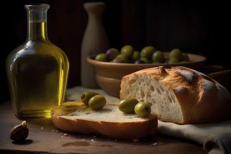 olive oil and bread on a wooden table in a rustic styleの素材