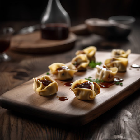Meat dumplings on a wooden board. Selective focus.の素材